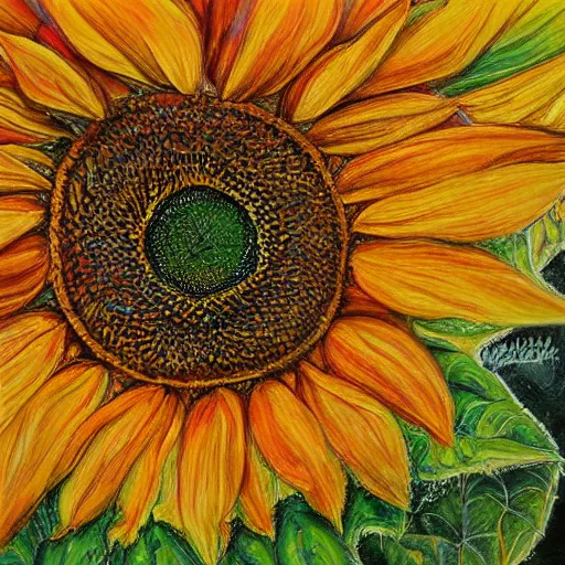 Prompt: Photorealistic painting of the most beautiful sunflower in the universe, Hyperdetailed, pretty colors, 108 megapixels, artstation concept art