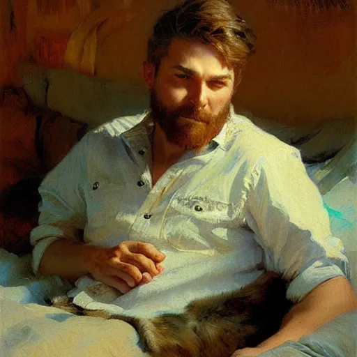 Image similar to a portrait of an animal wearing a shirt and sitting in bed. highly detailed painting by gaston bussiere, craig mullins, j. c. leyendecker, furry