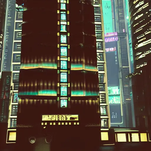 Prompt: “looking at the entrance to a skyscraper. Street level. 2077 Photomode in the architectural style of Neo-Tokyo.”