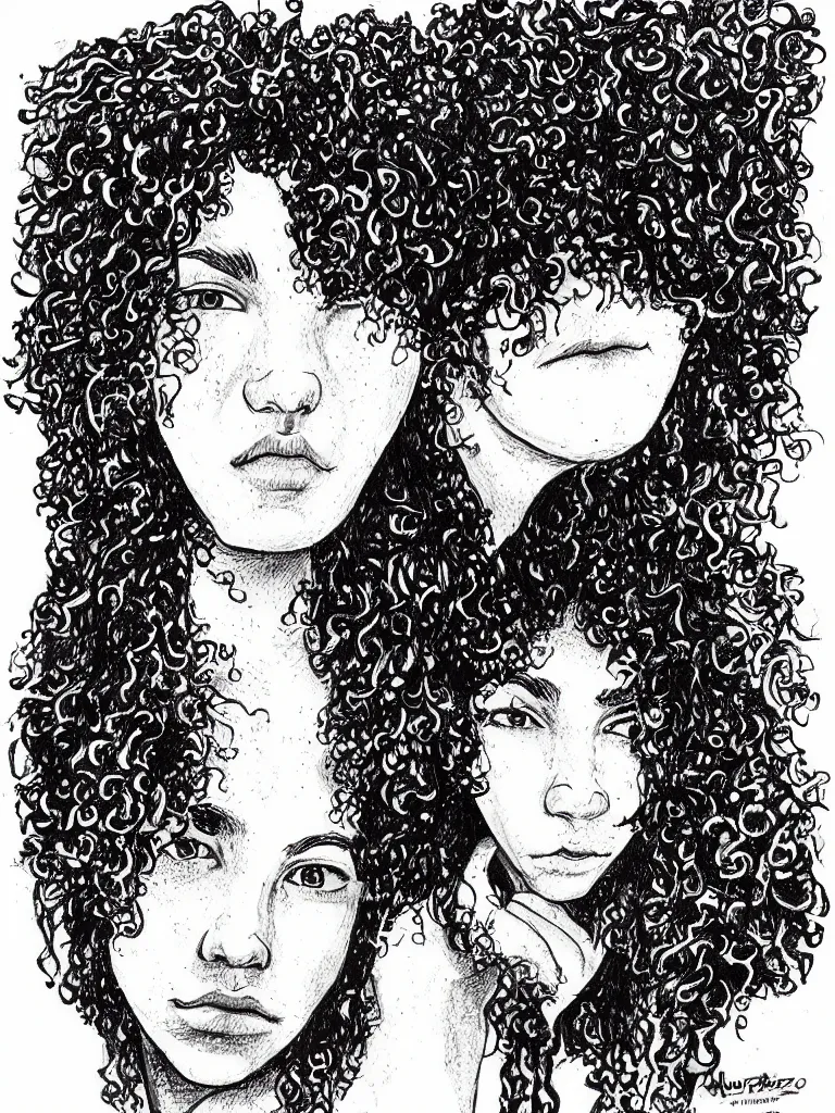 Prompt: face portrait of a teenager with a big nose and curly black hair, hand drawn illustration, ink and marker, by andrea pazienza