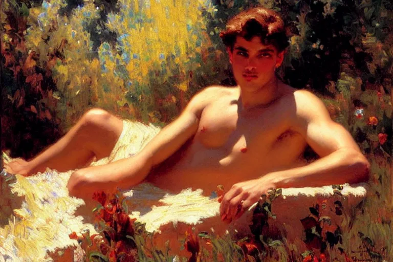 Prompt: summer, attractive male, dreamy, painting by gaston bussiere, craig mullins, j. c. leyendecker