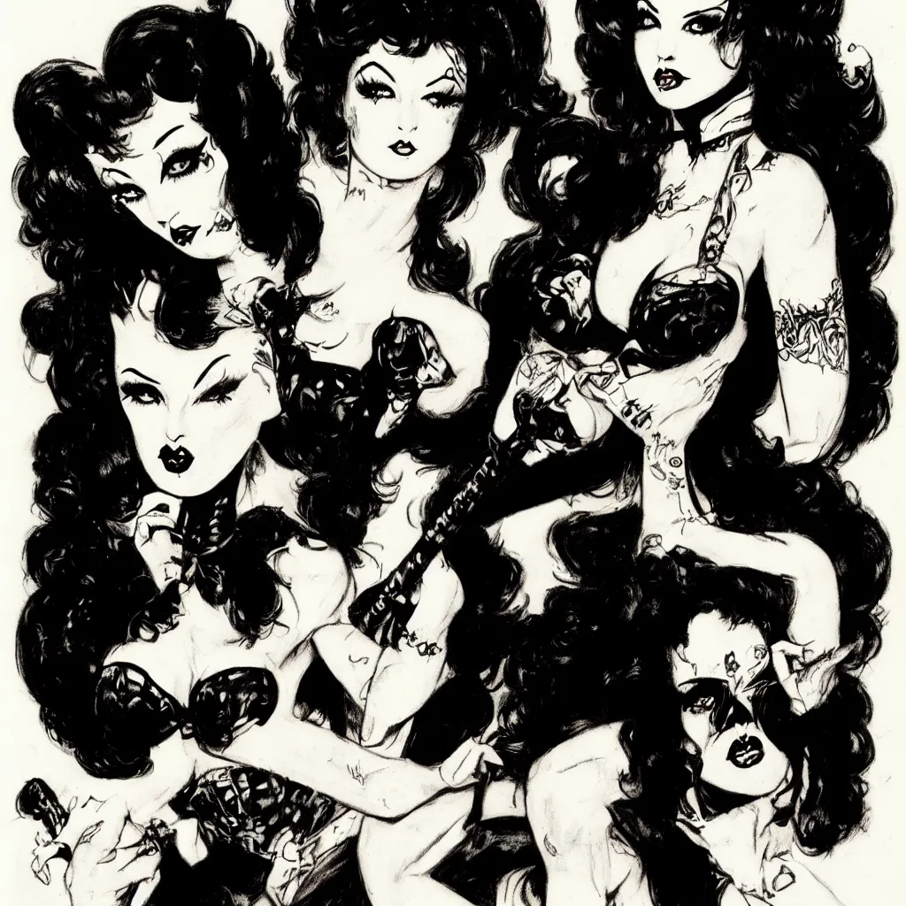 Image similar to of a goth girl burlesque psychobilly, rockabilly, punk, black hair, detailed face, white background, drawing, illustration by frank frazetta