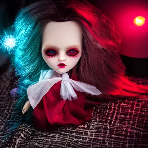 Image similar to adorable vampire themed high end fashion doll and accessories, on a table under a lamp light shining down over it like a spot light, god rays, dust particles, photorealistic, aesthetic shot, worms eye view, macro camera lens, high definition, thematic, cinematic, lens flare