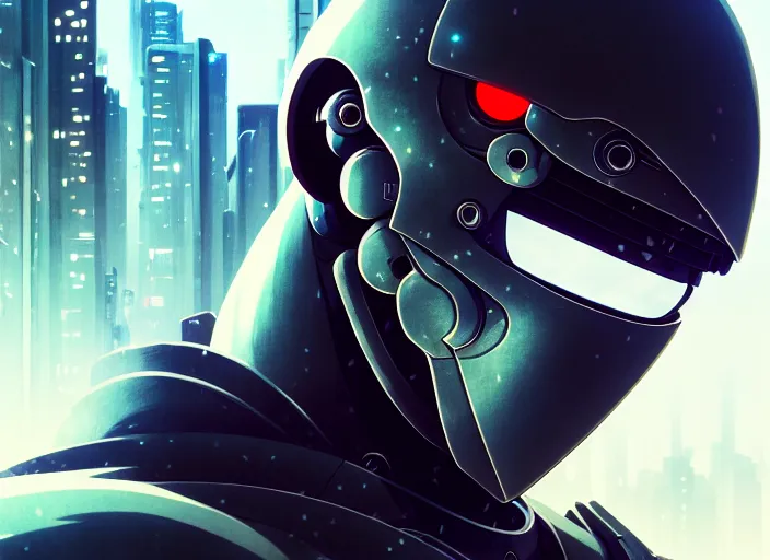 Image similar to a anime portrait of a cyborg ninja, finely detailed features, closeup at the face, sharp focus, perfect art, city background, cinematic lighting, intricate, anime, illustration, artstation, trending on pixiv fanbox, painted by greg rutkowski, studio ghibli, yoji shinkawa, hayao miyazaki, 4 k,