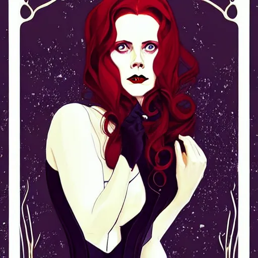 Image similar to Joshua Middleton art, art nouveau, pretty vampire Amy Adams, full entire slender body fun pose, sharp teeth, horror symmetrical face, symmetrical eyes, black Victorian dress, long curl red hair, outside in snow snowing