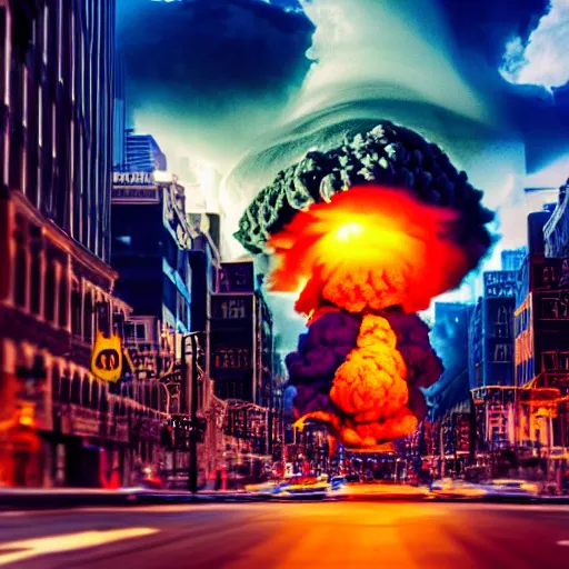 Image similar to centered action photography shot of extremely detailed hyper realistic nuclear bomb explosion in a city, professional film photography, 8 k, cinematic framing,