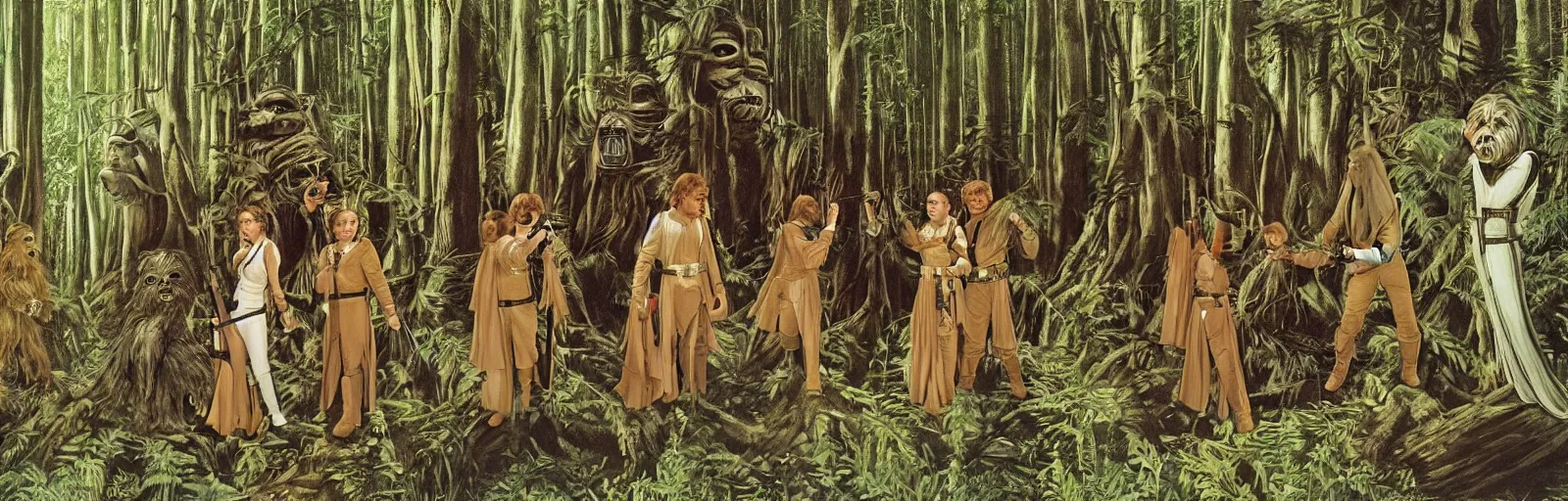 Image similar to luke skywalker, princess leia and han solo meet the ewoks in the forest of endor, in return of the jedi, a masterful painting by sandro botticelli