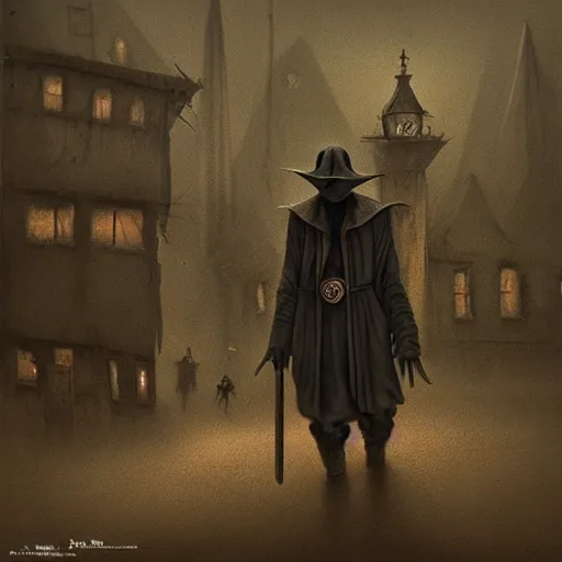 Image similar to plague doctor walking through a town ravaged by plague, dark, creepy, death, disease, hyperdetailed, concept art in a style of zdzislaw beksinski