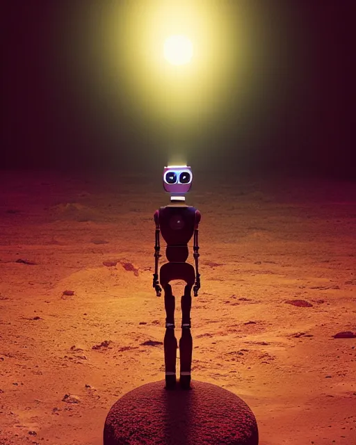 Image similar to a robot standing in front of a glowy open door that's on a barren moon, poster art by mike winkelmann, trending on cg society, space art, sci - fi, ue 5, futuristic, volumetric lighting, light casting onto the ground, neat composition and camera angle