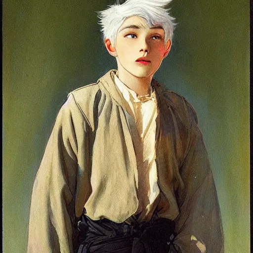 Image similar to a 14 year old teenage boy ghost with white hair and green eyes. The air is so cold that you can see his breath. He is shivering from the cold. Sakimichan Repin. By JC Leyendecker