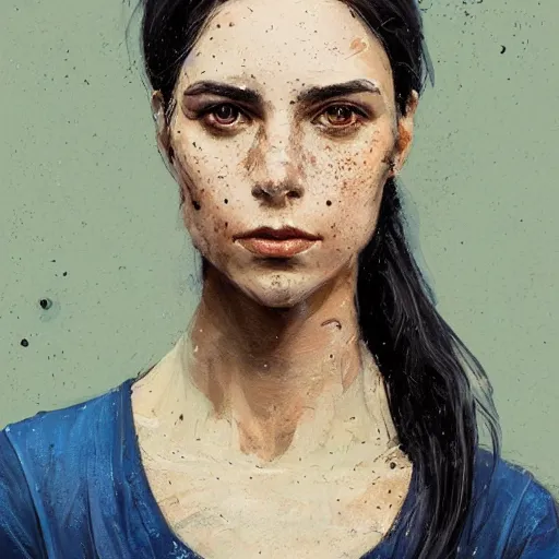 Image similar to Portrait of a woman by Greg Rutkowski, she is about 30 years old, olive skin, freckles, black straight hair, attractive, annoying sister vibes, she is wearing blue utilitarian jumpsuit, highly detailed portrait, digital painting, artstation, concept art, smooth, sharp foccus ilustration, Artstation HQ.