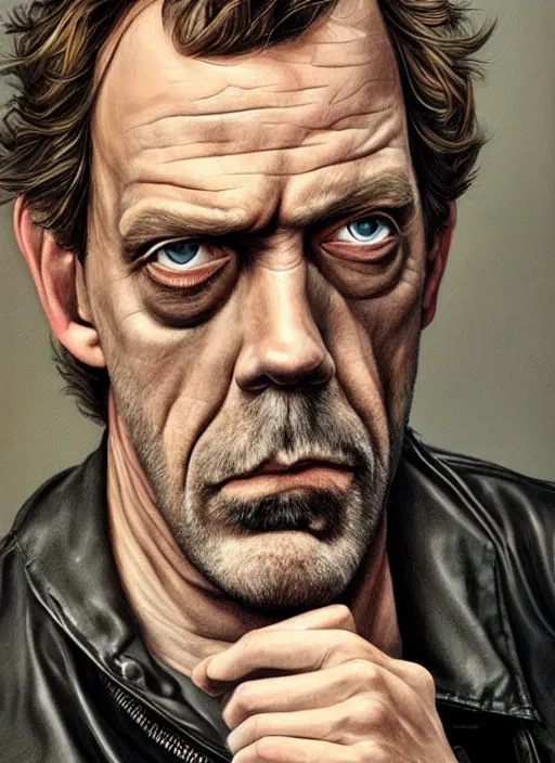 Prompt: portrait of hugh laurie, gritty, dark, wearing a leather jacket, very detailed eyes, hyperrealistic, very detailed painting by Glenn Fabry, by Joao Ruas, by Artgerm