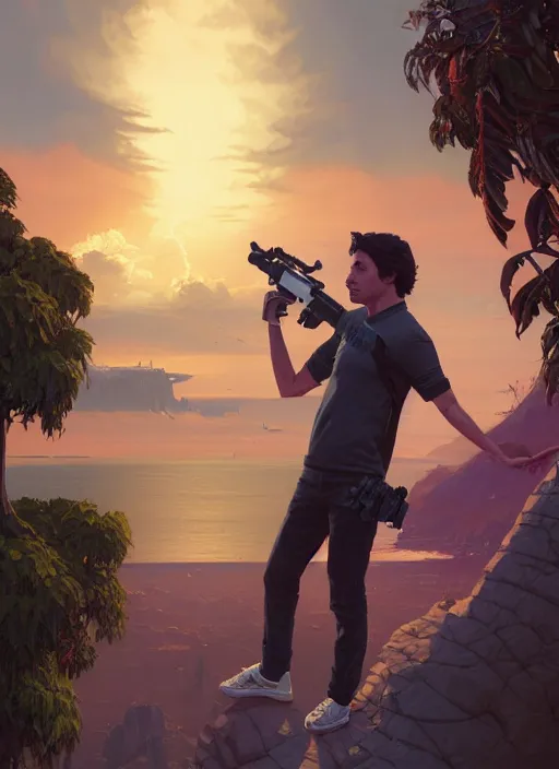 Image similar to highly detailed portrait justin trudeau in ( ( pink hoody rainbow socks ) ) holding ar - 1 5! ( setting costa rica ) in gta v stephen bliss unreal engine fantasy art by greg rutkowski loish rhads ferdinand knab makoto shinkai lois van baarle ilya kuvshinov rossdraws tom bagshaw global illumination radiant light detailed intricate environment