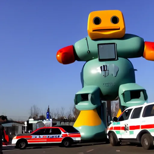 Image similar to giant duck shaped robot surrounded by police cars