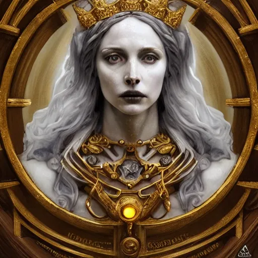 Image similar to portrait of Hecate as a marble statue skeleton, greek mythology, gold crown and filaments, intricate, headshot, highly detailed, digital painting, artstation, concept art, sharp focus, cinematic lighting, illustration, art by artgerm and greg rutkowski, alphonse mucha, cgsociety