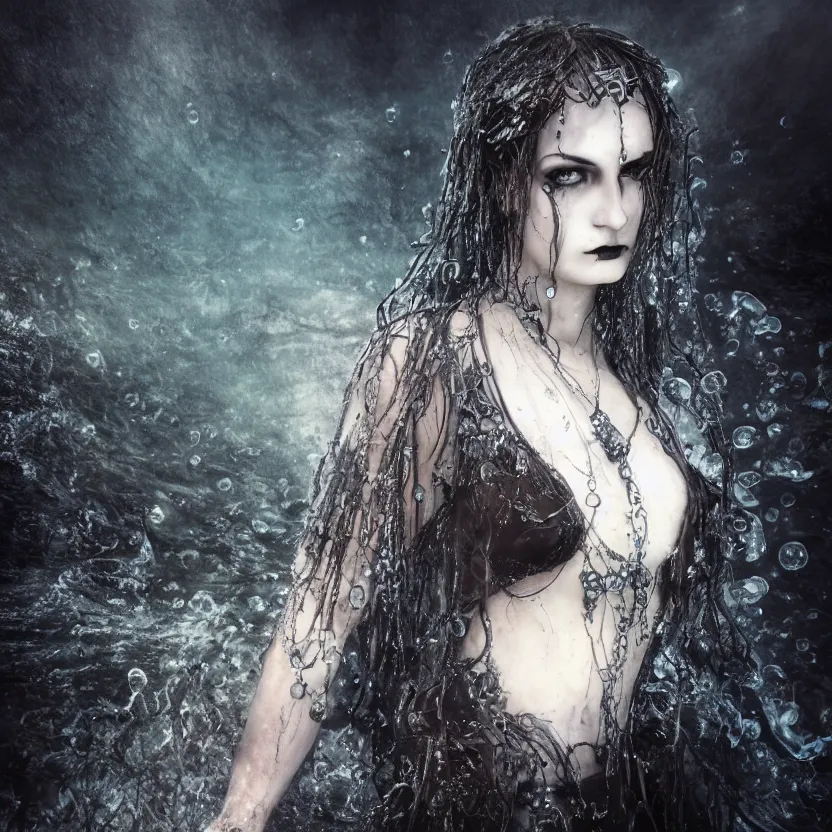 Image similar to A portrait of a Gothic goddess of water jewels in an empty land, dark and mysterious, lively atmospheric, cinematic, 8k, 4k, ultra detail, ultra-realistic, rendered by DeviantArt