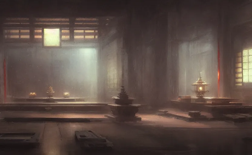 Image similar to painting of an interior Japanese temple with candles by Greg Rutkowski and Craig Mullins, Dark atmospheric sad and cinematic lighting, Trending on artstation