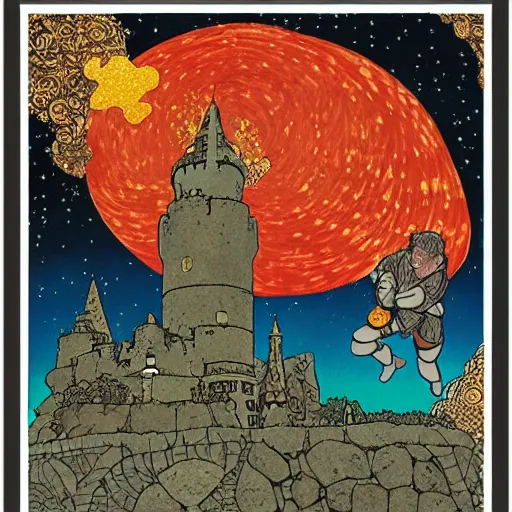 Image similar to stone castle, starry sky detailed ivan bilibin and edmund dulac and ilya kuvshinov and katsuhiro otomo inspired print