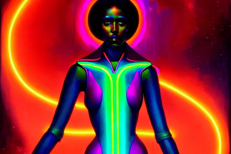 Prompt: patron saint of 🛸🌈👩🏾, futuristic neon gown, neon god of city character portrait, in the style of moebius, tom bagshaw, and waterhouse, cinematic lighting, beautiful, elegant, oil painting,