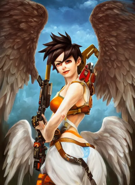 Image similar to full body oil painting of tracer overwatch in the style of sophie anderson, angel wings, dress garment, dramatic painting, wearing steel collar, symmetrical composition, ornate, high detail,