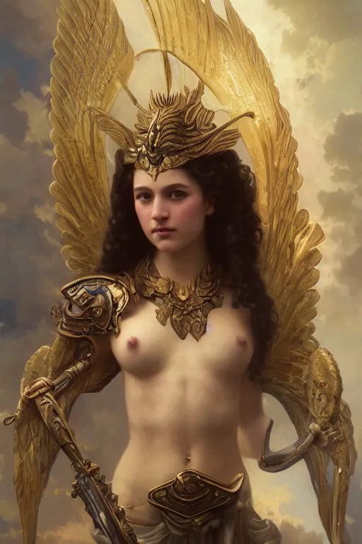 Image similar to Mystical Valkyrie, Portrait of a beautiful female Atlantean warrior, Regal, Realistic, Refined, Detailed Digital Art, Oil Painting, William-Adolphe Bouguereau, Art Frahm, Esao Andrews, Steampunk, Walt Disney (1937), Highly Detailed, Cinematic Lighting, Unreal Engine, 8k, HD
