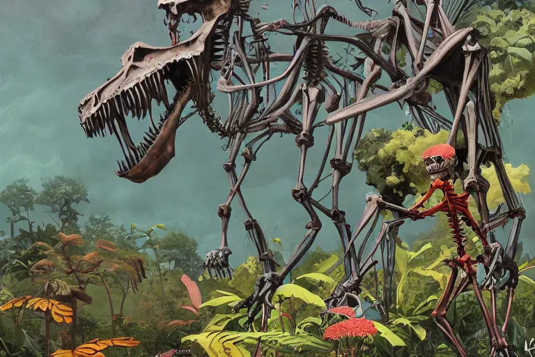 Image similar to 2 d gouache illustration, a lot of exotic vegetation, trees, tremendous skeletal robotic ancient dinosaur, flowers, oldschool vintage sci - fi flat surreal design, super - detailed, painting by satoshi kon, hd, 4 k, high quality