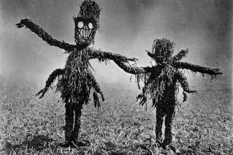 Image similar to horrifying 4 - armed scarecrow from the early 1 9 0 0's burning down the cornfields the cornfields