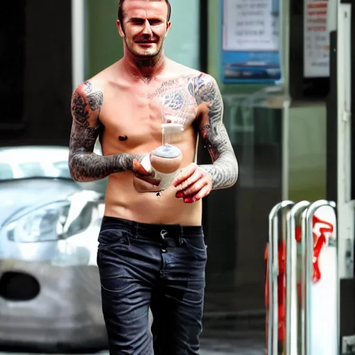 Image similar to david beckham injecting on milk, strung out, addict