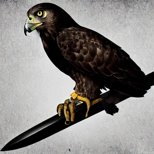 Image similar to an hawk holding a black cross shaped sword in his beak, digital art, 4 k, pirates of the caribbean style