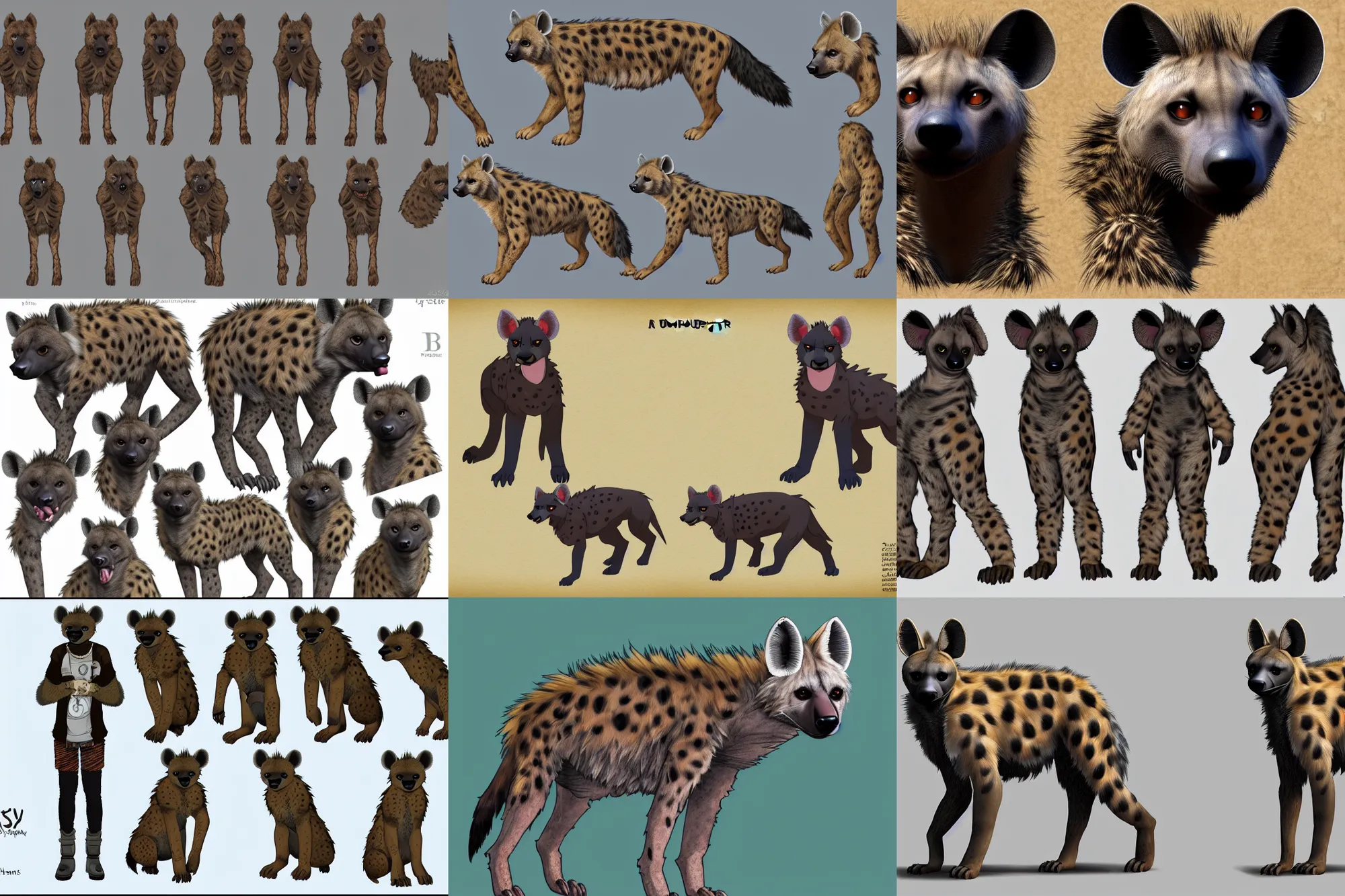 Prompt: a furry hyena fursona reference sheet, high - resolution, photorealistic, trending on weasyl