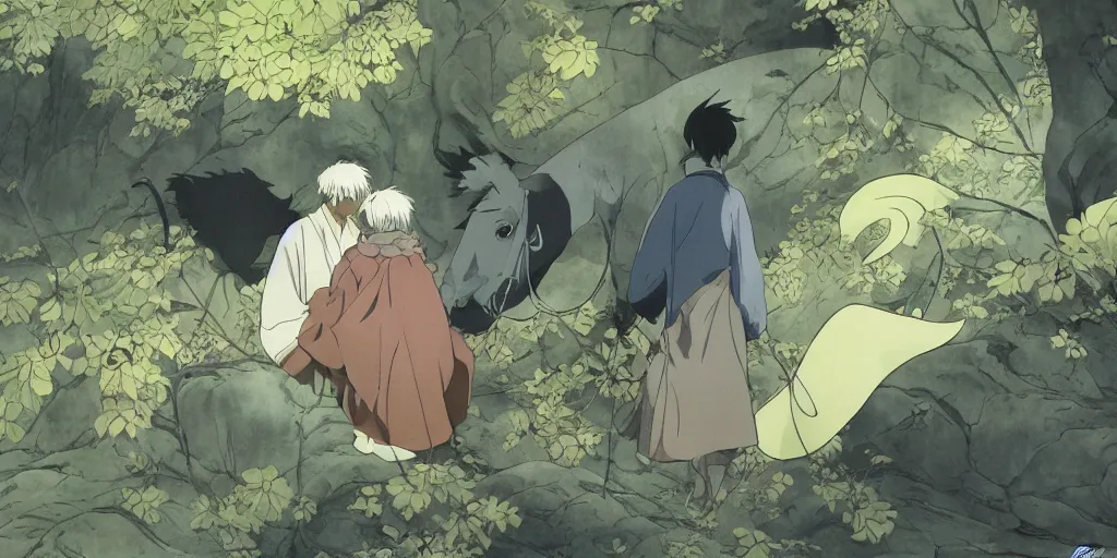 Prompt: ginko showing a new horse mushi, mushishi by mutsumi akasaki, studio ghibli, artgem, mutsumi akasaki, shinkai, makoto, wallpaper splash art promo art