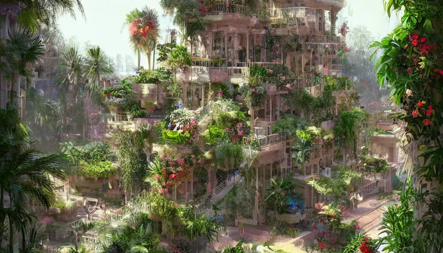 Image similar to hanging gardens of babylon, flowers, palms, arabic city, artstation