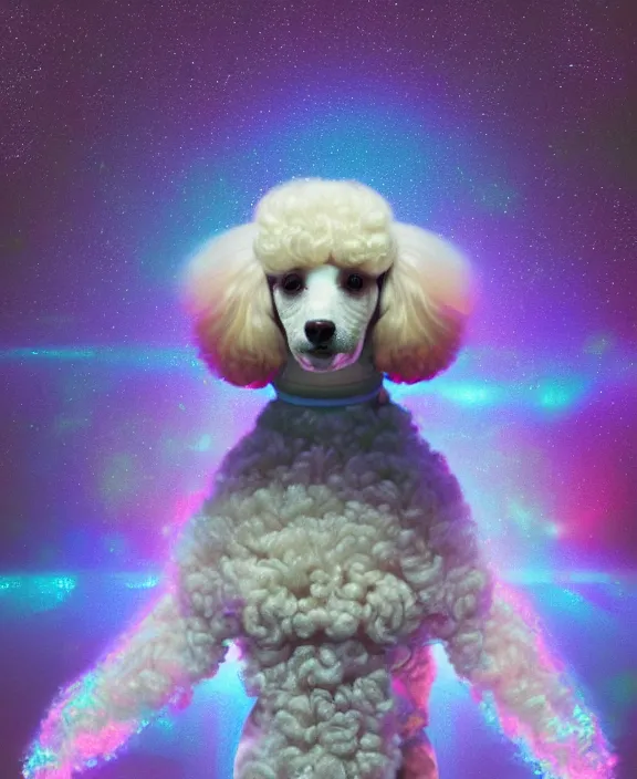 Prompt: a beautiful portrait of a poodle inside an holographic spacesuit, galactic landscape, cinematic, volumetric fog, risographic, digital art, 4 k, vintage sci - fi, inspired by moebius, inspired by thim white, inspired by h. r. giger