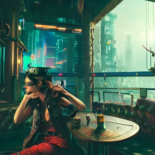 Image similar to a high quality portrait of a beautiful pirate in a cyberpunk cyberpunk cyberpunk cafe, realism, 8k, award winning photo