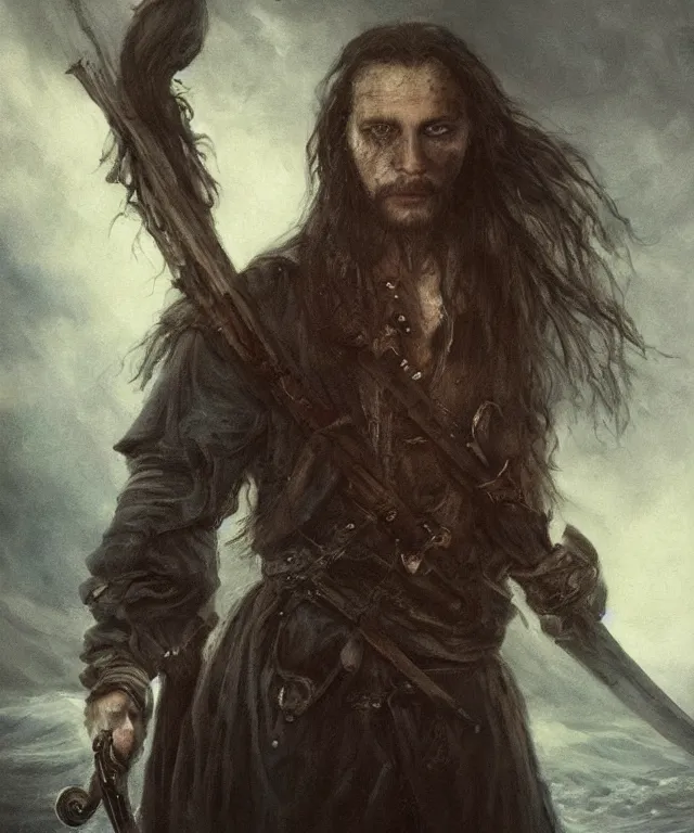 Prompt: ultra realistic color portrait painting of a tranparent 1 7 th century pirate ghost with a sword in a grotto, dark, painted, brooding, atmospheric, seascape, horror, smooth, epic, highly detailed, cinematic, by leesha hannigan, ross tran, thierry doizon, kai carpenter