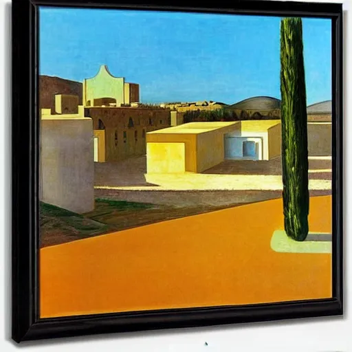 Image similar to kibbutz ein harod ihud in israel by giorgio de chirico and edward hopper