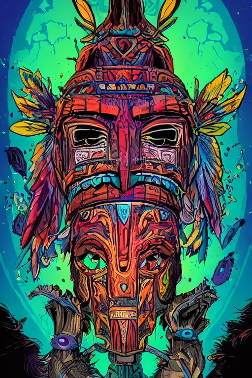 Image similar to totem animal tribal chaman vodoo mask feather gemstone plant wood rock video game illustration vivid color borderlands by josan gonzales and dan mumford radiating a glowing aura