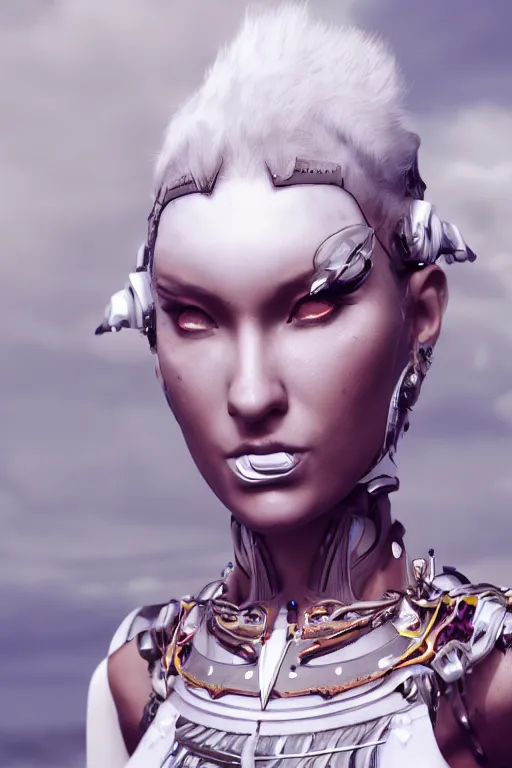 Image similar to white cyborg fashion shot, maasai warriors, copper spiral hair decorations, white elegant baroque design, pretty face, punk hair, photorealistic, 8k, hyper detailed, unreal engine, trending on artstation,