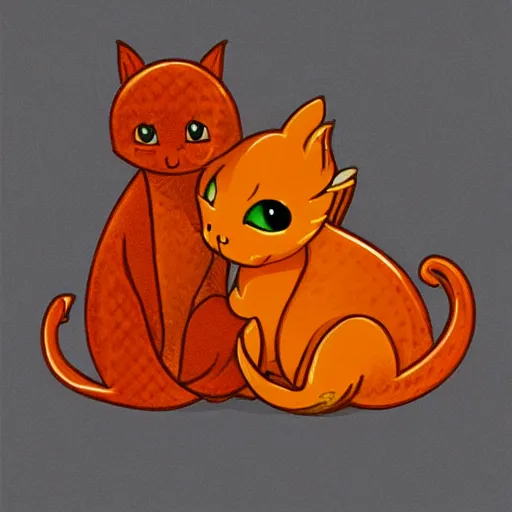 Prompt: tiny dragon cuddling an orange tabby cat, cozy, realistic