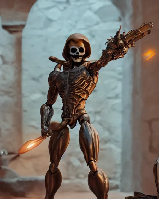 Image similar to closeup skeletor action figure in a castle, rim lighting, octane, Natasha Tan, Maciej Kuciara, Edgar Rice Burroughs,