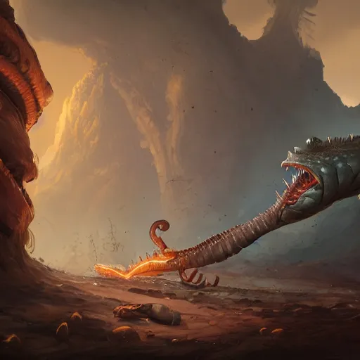 Image similar to a giant earthworm, worm monster, worm mouth, rock and dust, earthworm brown theme, bright art masterpiece artstation. 8 k, sharp high quality artwork in style of jose daniel cabrera pena and greg rutkowski, concept art by tooth wu, blizzard warcraft artwork, hearthstone card game artwork, earthworm rising from the ground