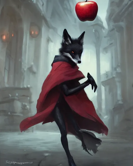 Prompt: oil painting of Anthropomorphized dark Fox thief, stealing red Apple, wearing dark cloak, mischievous look, full body, sharp focus, fantasy style, octane render, volumetric lighting, 8k high definition, by greg rutkowski, highly detailed, trending on art Station, magic the gathering artwork, dark city backround