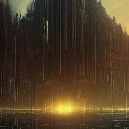 Prompt: beautiful detailed matte painting of the distant past, by atelier olschinsky and moebius, trending on artstation, video game art, golden and charcoal color scheme, reflecting and mirrors, glassy sub surface scattering, lucid and translucent layers, intricate, rectilinear, digital art