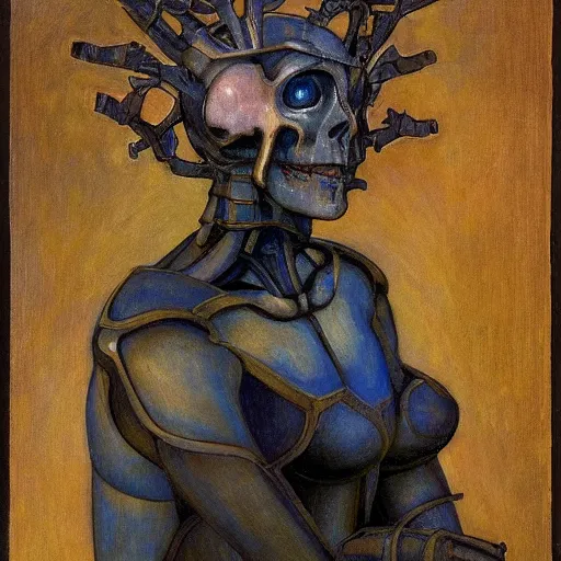 Image similar to grieving android wearing the bone crown, by Annie Swynnerton and Diego Rivera , symbolist, dramatic lighting, elaborate geometric ornament, Art Brut, soft cool colors,smooth, sharp focus, extremely detailed, Adolf Wölfli and (Donato Giancola)