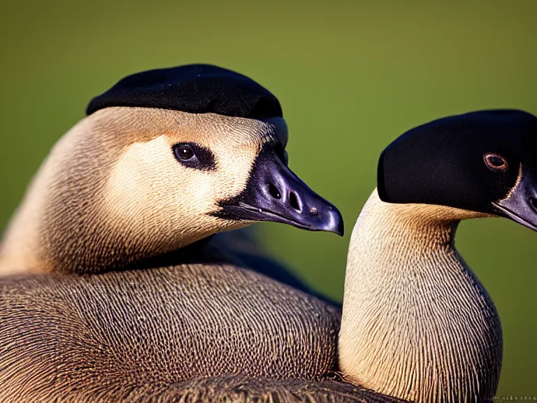 Image similar to Canadian Goose with a funny hat, Portrait Photo, Photorealistic, 100mm lens, Nat Geo Award Winner, 8k, UHD, (((((bokeh)))))