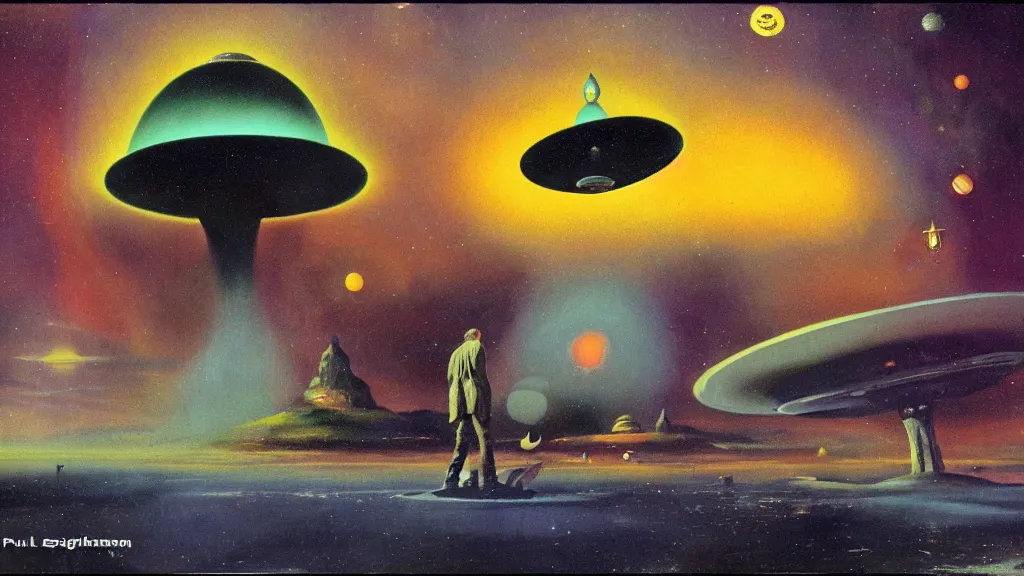 Image similar to flying saucer design by paul lehr and jack gaughan and john schoenherr, cinematic matte painting