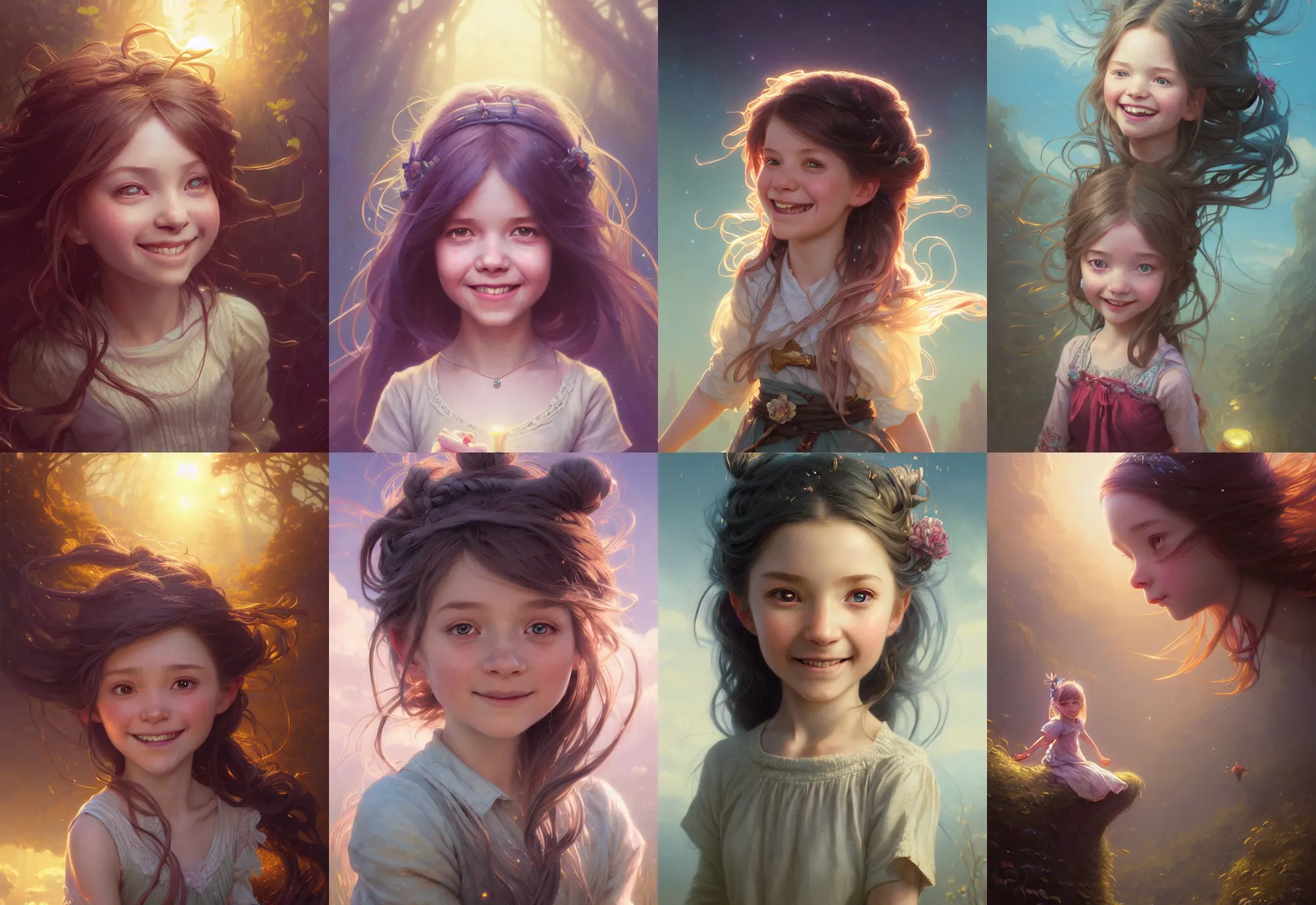 Prompt: highly detailed portrait of a smiling little girl with long hairs, stephen bliss, unreal engine, fantasy art by greg rutkowski, loish, rhads, ferdinand knab, makoto shinkai and lois van baarle, ilya kuvshinov, rossdraws, tom bagshaw, alphonse mucha, global illumination, radiant light, detailed and intricate environment