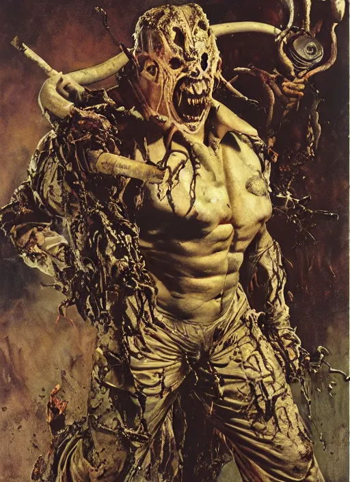 Image similar to dorian yates as doom hell baron wearing old trench coat and tattered pants, dynamic action, by lawrence alma tadema and zdzislaw beksinski and norman rockwell and jack kirby and tom lovell and greg staples