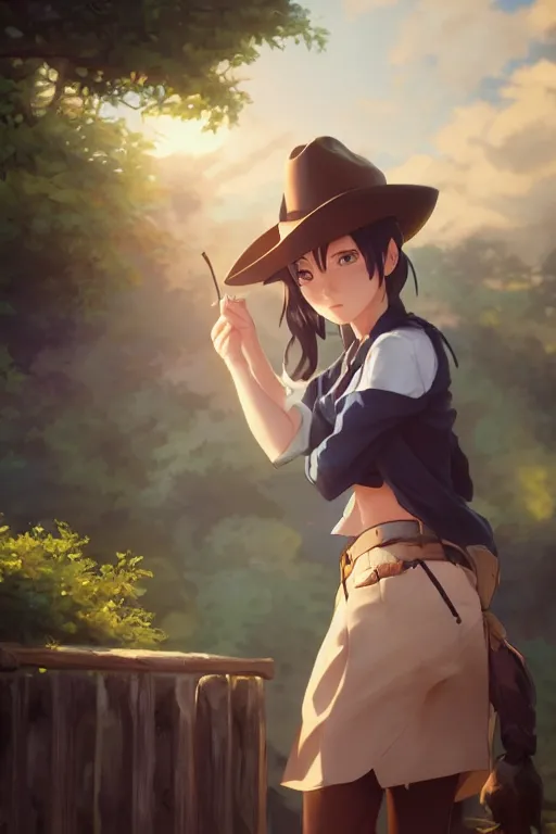 Image similar to a very cute cowgirl cat girl, single subject, scenic full shot, ambient lighting, detailed face, by makoto shinkai, stanley artgerm lau, wlop, rossdraws