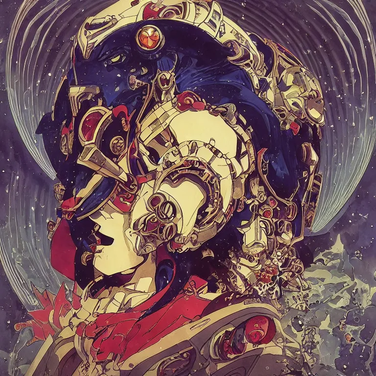 Image similar to portrait of The Anti-Spiral from Tengen Toppa Gurren Lagann by Jeff Easley and Peter Elson + beautiful eyes, beautiful face + symmetry face + border and embellishments inspiried by alphonse mucha, fractals in the background, galaxy + baroque, gothic, surreal + masterpiece, award winning + trending on artstation